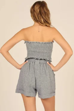 Cheap Captain Blue Stripe Linen Blend Smocked Bandeau All Tops