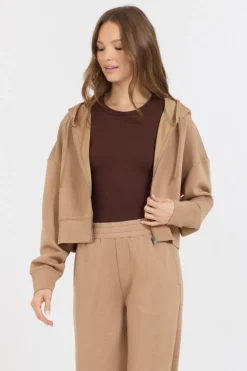 Online Caramel Cloud Fleece Crop Zip Up All Tops