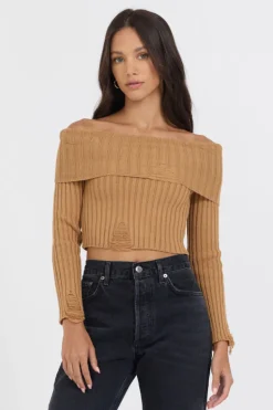 Store Caramel Distressed Off Shoulder Sweater All Tops
