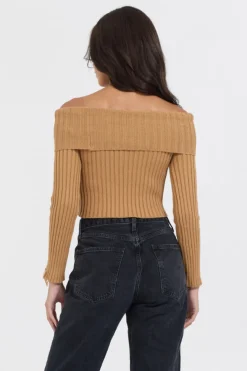 Store Caramel Distressed Off Shoulder Sweater All Tops