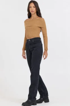 Store Caramel Distressed Off Shoulder Sweater All Tops