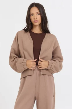 Best Caramel Latte Brushed Fleece Zip Up W/ Snap Sleeves All Tops