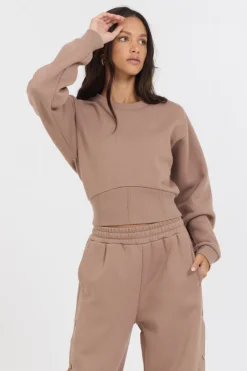 Discount Caramel Latte Brushed Fleece Corset Crew All Tops