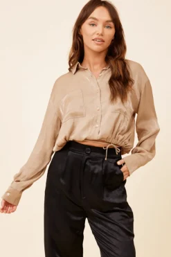 Online Champagne Satin Wrap Tie Button Down Top All Tops
