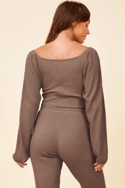 Hot Chestnut Double Twist Ribbed Long Sleeve Top All Tops