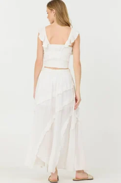 Best Sale Clean White Rayon Crinkle Ruffle Maxi Skirt All Bottoms