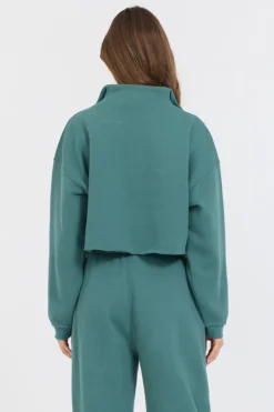 Best Sale College Green Cotton Blend Fleece Quarter Zip Rib Neck All Tops