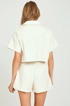 Discount Cream Faux Leather Camp Shirt All Tops