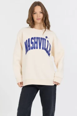 Discount Cream W/ Royal Blue Garment Dye Fleece Crew W/ Glitter Print All Tops|Sweatshirts