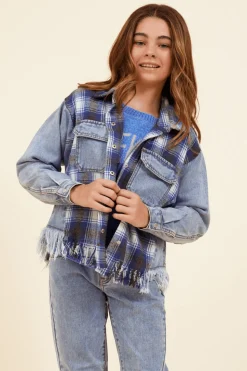 Store Denim & Blue Plaid Frayed Button Down Kids Kids Tops