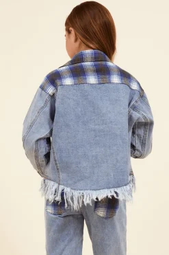 Store Denim & Blue Plaid Frayed Button Down Kids Kids Tops
