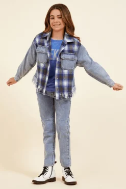 Store Denim & Blue Plaid Frayed Button Down Kids Kids Tops