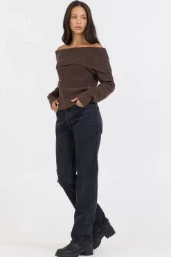 Cheap Espresso Off ShoulderBack Zip Sweater All Tops|Sweaters