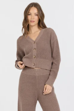 Fashion Heather Brown Waffle Knit Cardigan All Tops|Sweaters
