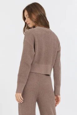 Fashion Heather Brown Waffle Knit Cardigan All Tops|Sweaters