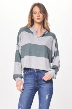 Cheap Heather Grey & Hunter Green Striped Rugby Long Sleeve Top All Tops