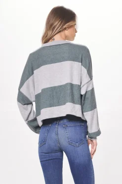 Cheap Heather Grey & Hunter Green Striped Rugby Long Sleeve Top All Tops