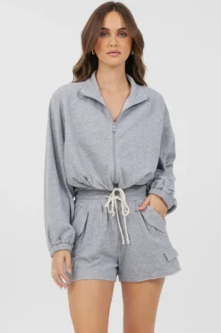 Online Heather Grey Bounded Textured Jersey Zip Up W/ Tie All Tops