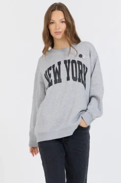 Cheap Heather Grey W/ Black Garment Dye Fleece Crew W/ Glitter Print All Tops|Sweatshirts
