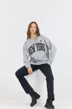 Cheap Heather Grey W/ Black Garment Dye Fleece Crew W/ Glitter Print All Tops|Sweatshirts