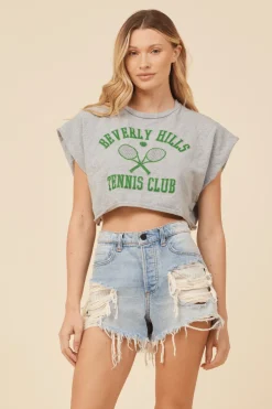 Online Heather Grey W/ Green Printed Athletic Crop Top All Tops