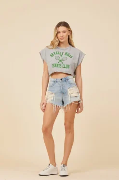 Online Heather Grey W/ Green Printed Athletic Crop Top All Tops