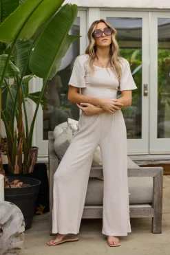 Cheap Heather Oatmeal Drapey Knit Cut Out Pants All Bottoms