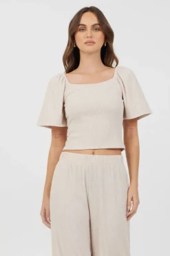 Discount Heather Oatmeal Drapey Knit Puff Sleeve Top All Tops