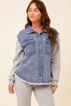 Discount Heathered Grey / Washed Blue Denim Fleece Combo Shacket All Tops