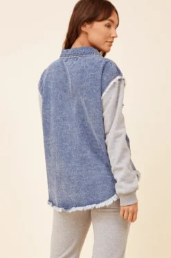 Discount Heathered Grey / Washed Blue Denim Fleece Combo Shacket All Tops