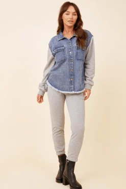 Discount Heathered Grey / Washed Blue Denim Fleece Combo Shacket All Tops