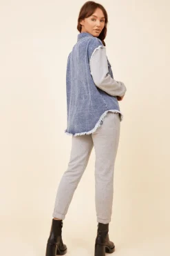 Discount Heathered Grey / Washed Blue Denim Fleece Combo Shacket All Tops