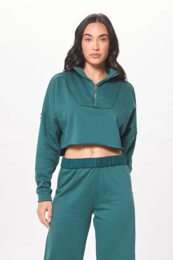 Outlet Hunter Green Fleece Quarter Zip W/ Raw Edge All Tops