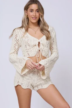 Online Ivory Crochet Knit Long Sleeve Crop All Tops