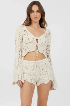 Online Ivory Crochet Knit Long Sleeve Crop All Tops