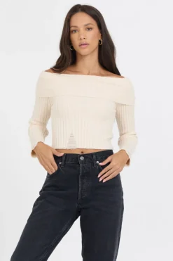 Best Ivory Distressed Off Shoulder Sweater All Tops|Sweaters