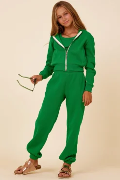 Shop Kelly Green Slit Pocket Crop Zip Hoodie Hoodies