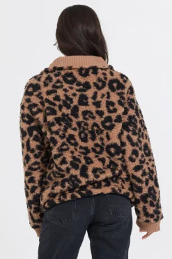 Fashion Leopard Print Sherpa Quarter Zip All Tops|Sweatshirts