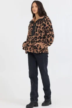 Fashion Leopard Print Sherpa Quarter Zip All Tops|Sweatshirts