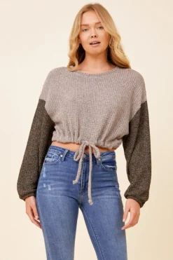 Best Sale Light Grey W/ Charcoal Tie Front Color Block Sweater All Tops
