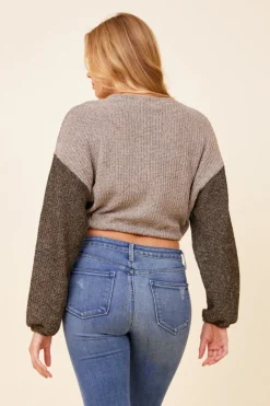Best Sale Light Grey W/ Charcoal Tie Front Color Block Sweater All Tops