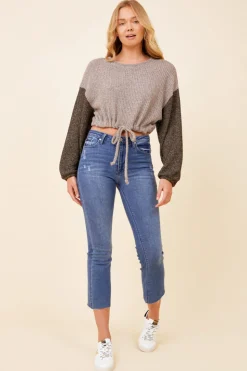 Best Sale Light Grey W/ Charcoal Tie Front Color Block Sweater All Tops