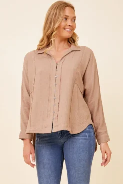 Clearance Light Taupe Gauze Button Down All Tops