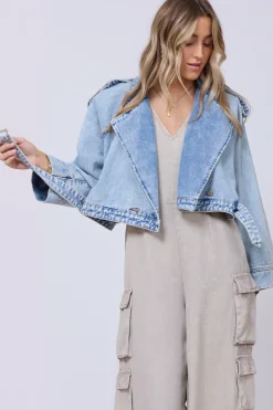 Store Light Wash Denim Cropped Moto Jacket Outerwear