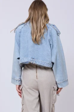 Store Light Wash Denim Cropped Moto Jacket Outerwear