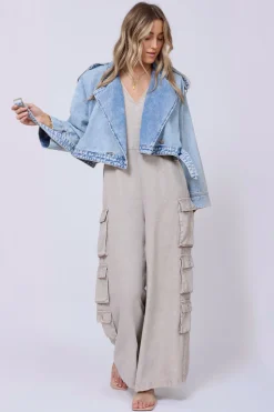 Store Light Wash Denim Cropped Moto Jacket Outerwear