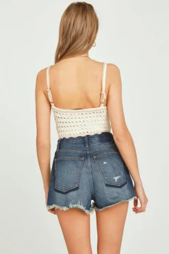 Fashion Natural Ivory W/ Khaki Contrast Sweater Crochet Tank All Tops|Tanks