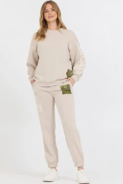 Cheap Neutral Taupe/ Olive/ Tan Bandana Patch Crewneck All Tops