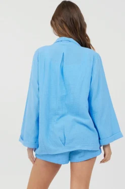 Fashion Ocean Blue Washed Gauze Blazer All Tops