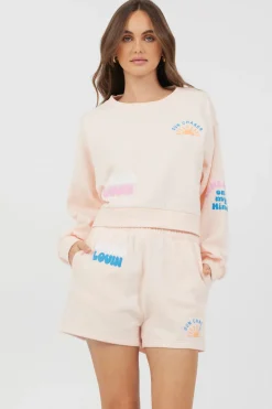 Fashion Peach Parfait W/ Multi Puff Print Surf Wash Crewneck All Tops|Hoodies